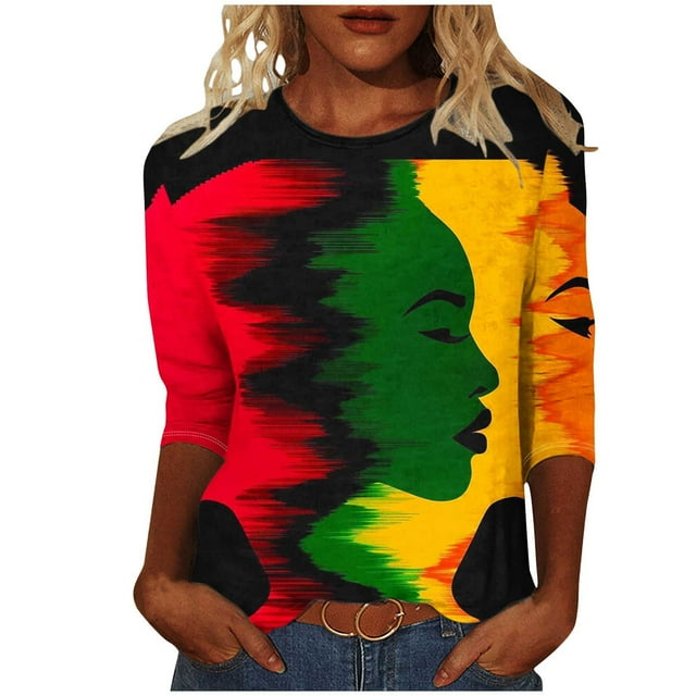 YanHoo Hauts à Manches 3/4 pour Femmes T-Shirts Graphiques à Manches 3/4 Chandail Décontracté Col Rond T-Shirts Histoire des Noirs Manches 3/4 Grande Taille Hauts pour Femmes en Liquidation