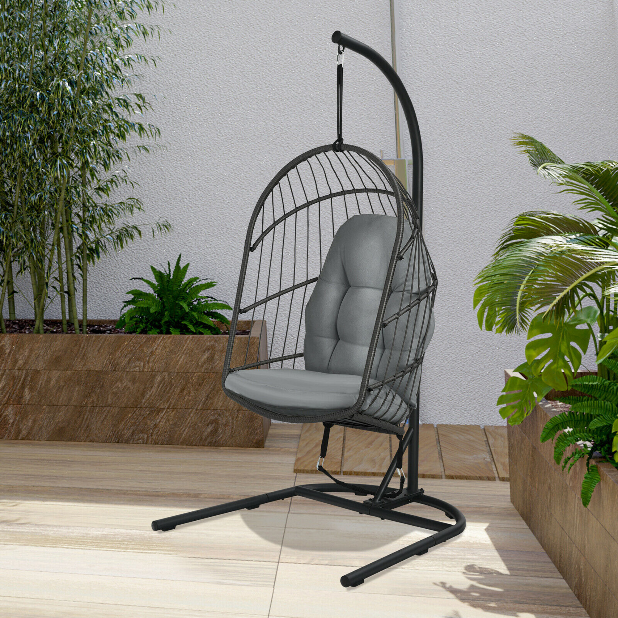Gymax Hanging Hammock Patio Rattan Swing Egg Chair w/ Stand & Gray Cushions