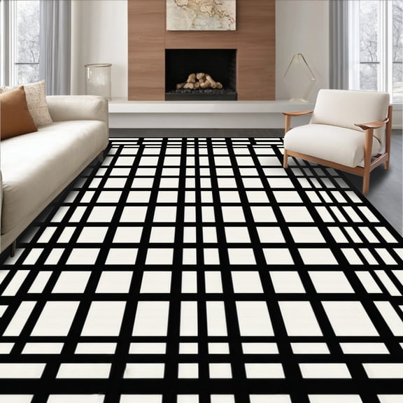 ODIKA 4'x6' Machine Washable Non-Slip Area Rug, Monochrome Courtly Featuring Timeless Black and Checkered Design High Traffic Rug, Beige, 101382