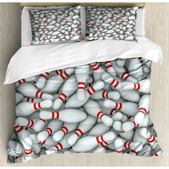 Bowling Party Duvet Cover Set, Pile of Vivid Bowling Pins and Skittles with Red Stripes 3D Style Print, Decorative 3 Piece Bedding Set with 2 Pillow Shams, Calking Size, Red and White, by Ambesonne