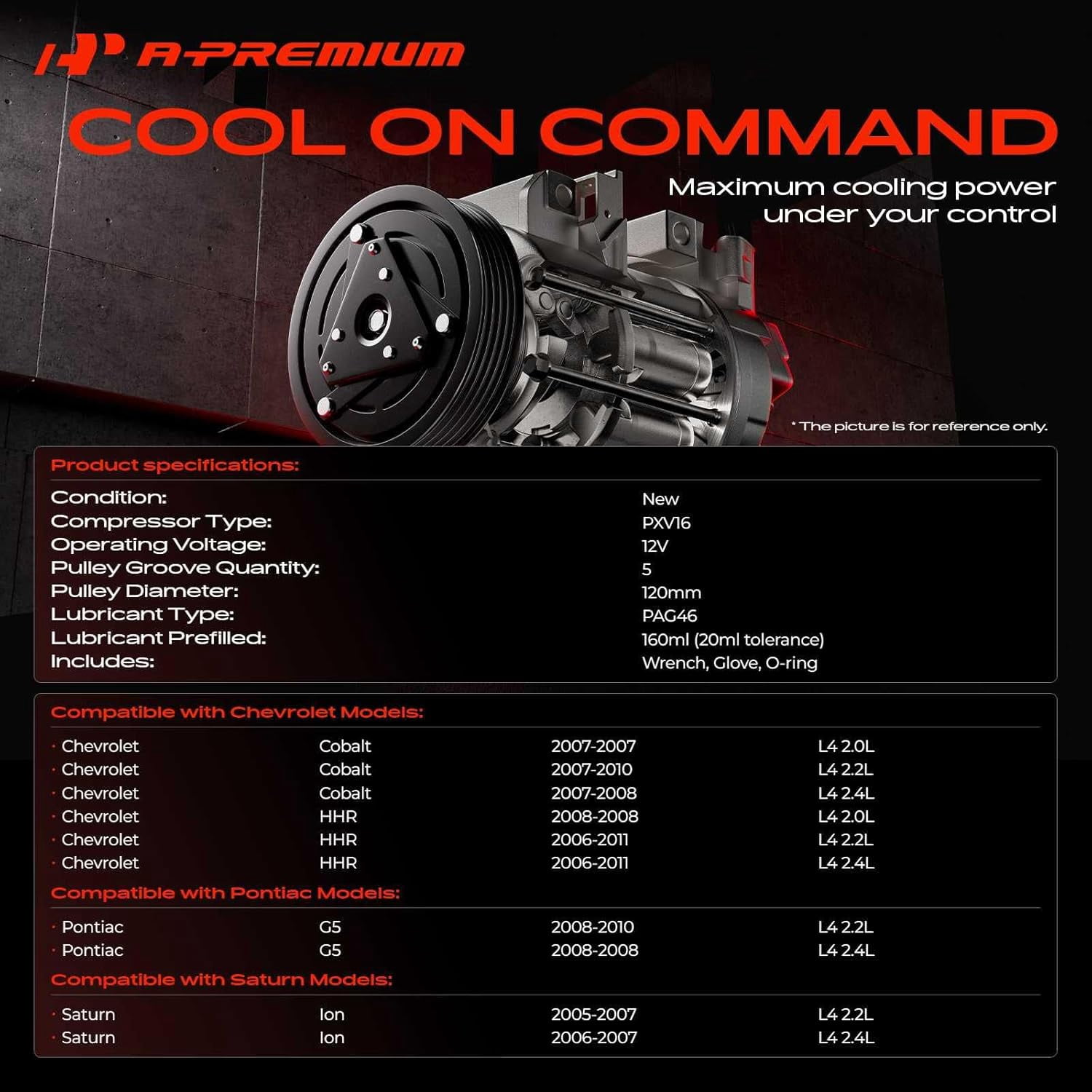 A-Premium AC Compressor with Clutch Compatible with Chevrolet HHR 2006-2011 Cobalt 2007-2010 Pontiac G5 Saturn Ion L4 2.0L 2.2L 2.4L