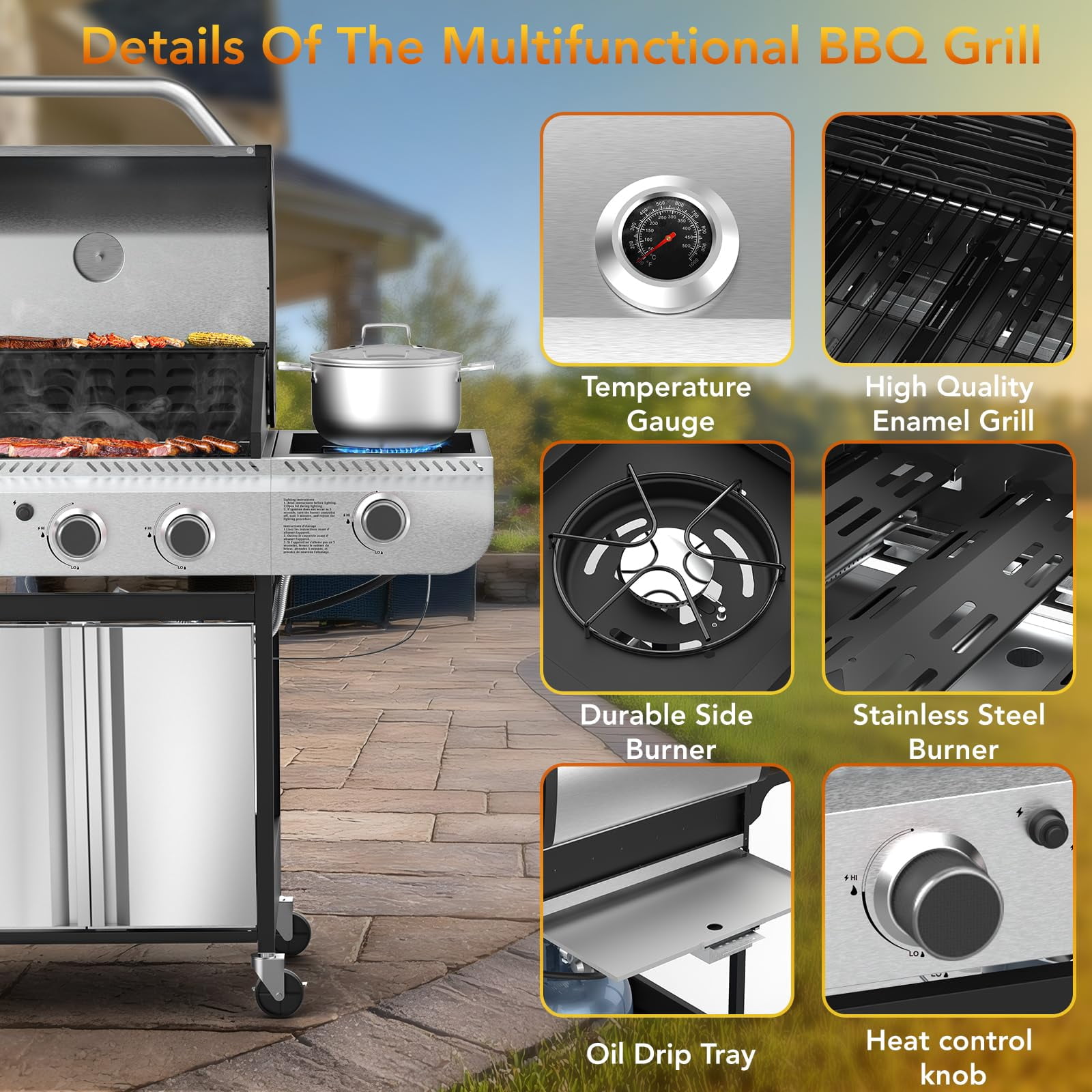 4-Burner Propane Gas BBQ Grill with Side Burner, 37,000 BTU Stainless Steel Construction with Porcelain-Enameled Grates for Outdoor Cooking, Camping, and Patio Backyard