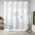 thumbnail image 6 of No Hook Shower Curtain with Built-in Rings - Green Coastal Ocean Washable Waterproof Fabric Bathroom Curtains for Hotel,Rentals, 66 X 72 Inch Long , Coral Sea Lifes White Blue, 6 of 9