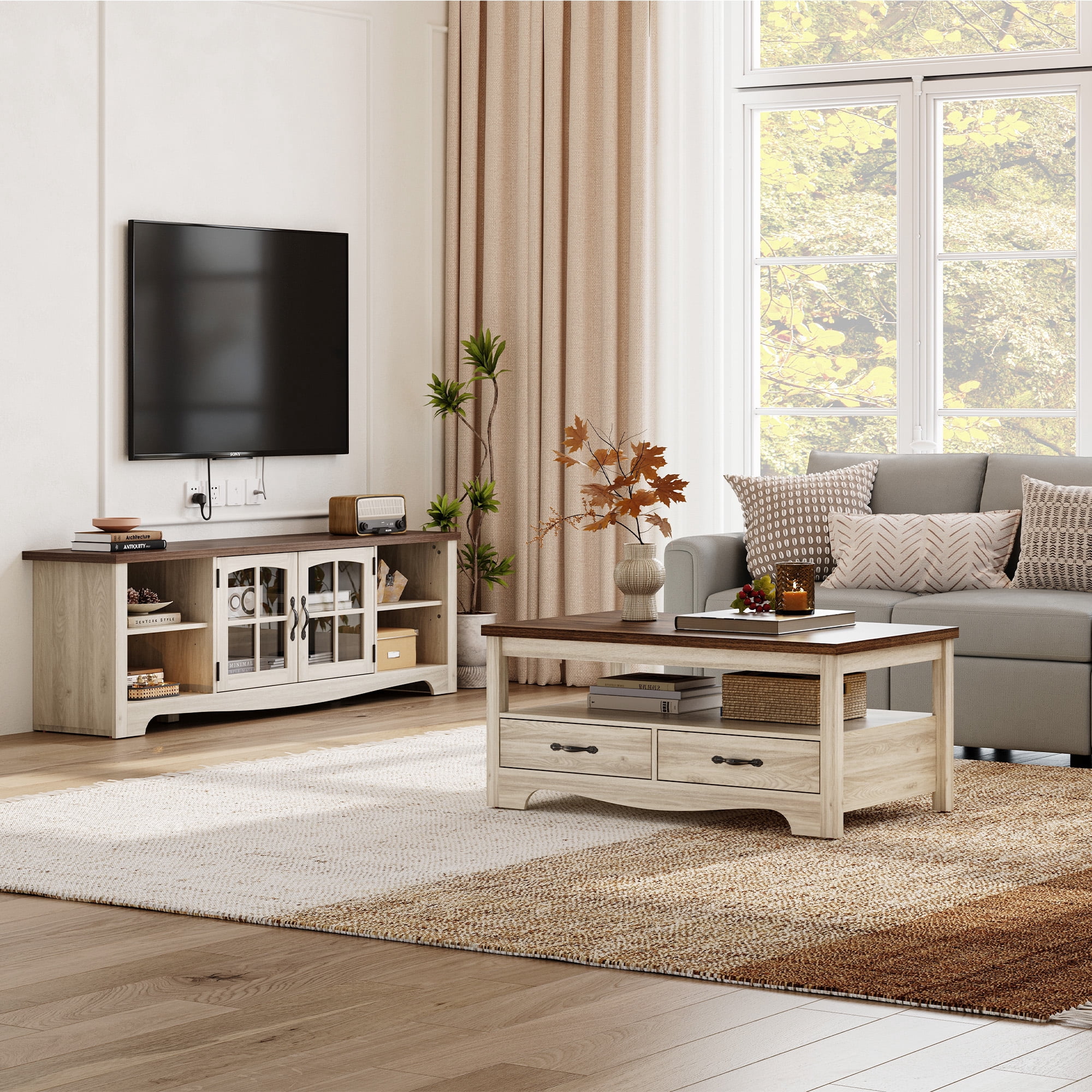 LINSY HOME Modern Farmhouse TV Stand for TVs up to 75", Home Entertainment Center with Storage Cabinet and Adjustable Shelves, Washed Grey & Brown