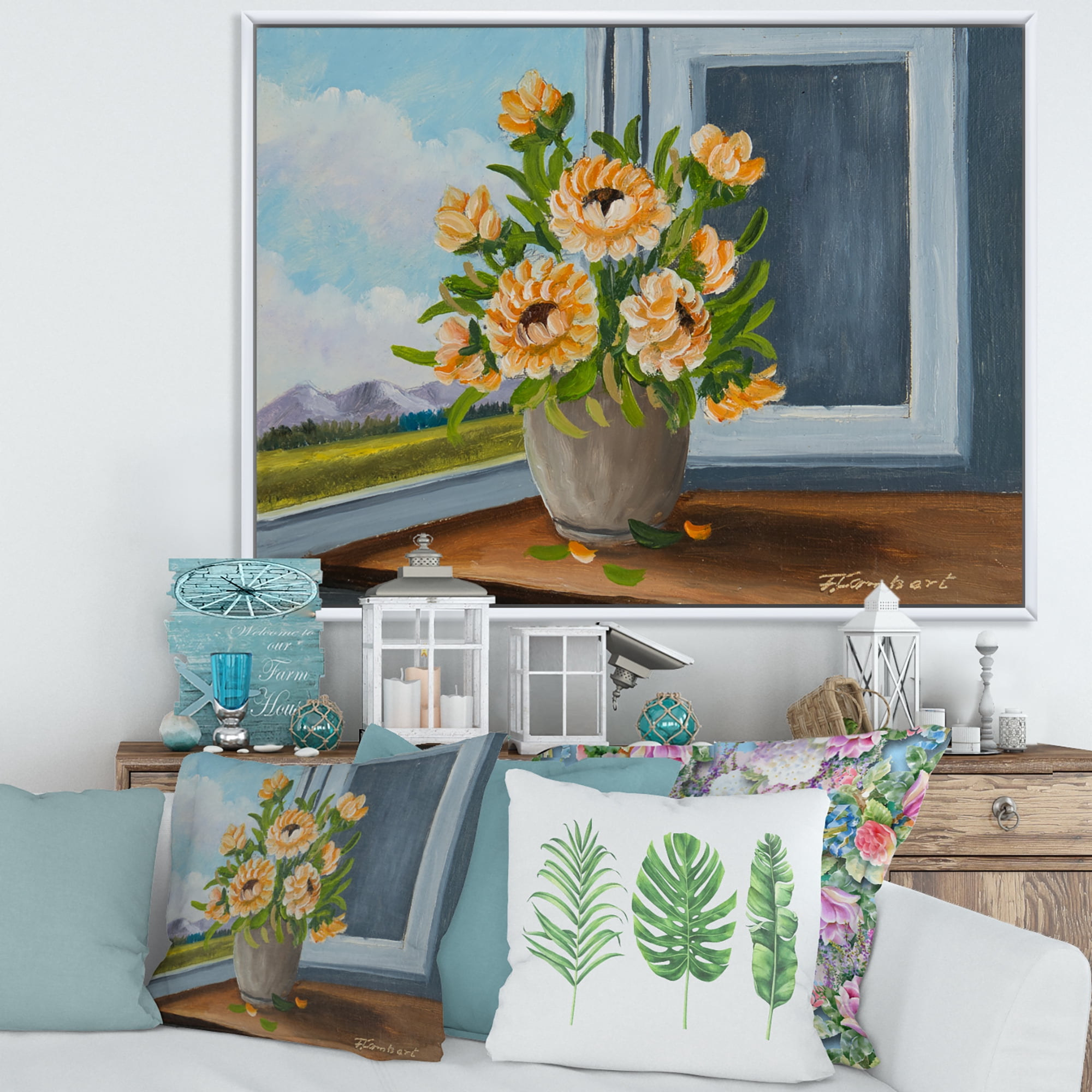 Designart 'Still Life With Orange Flowers In Vase At The Window' Traditional Framed Canvas Wall Art Print