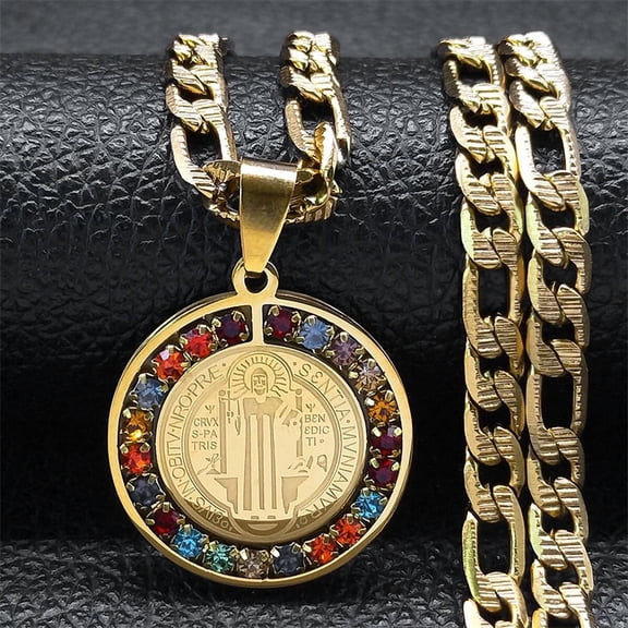 Saint Benedict San Benito Abalone Medal 14K Gold Filled Pendant Chain Necklace for Men Women, Catholic Faith Statement Fashion Jewelry Gift Ready