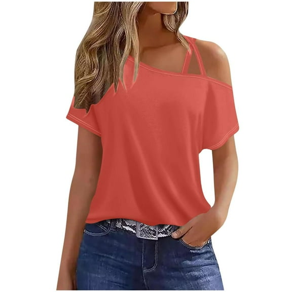 VERUGU Women's Casual Short Sleeve Tunics Camisole Tops One Shoulder T-Shirt Summer Trendy Solid Loose Comfy Flowy Blouse Tank Top for Leggings Orange L