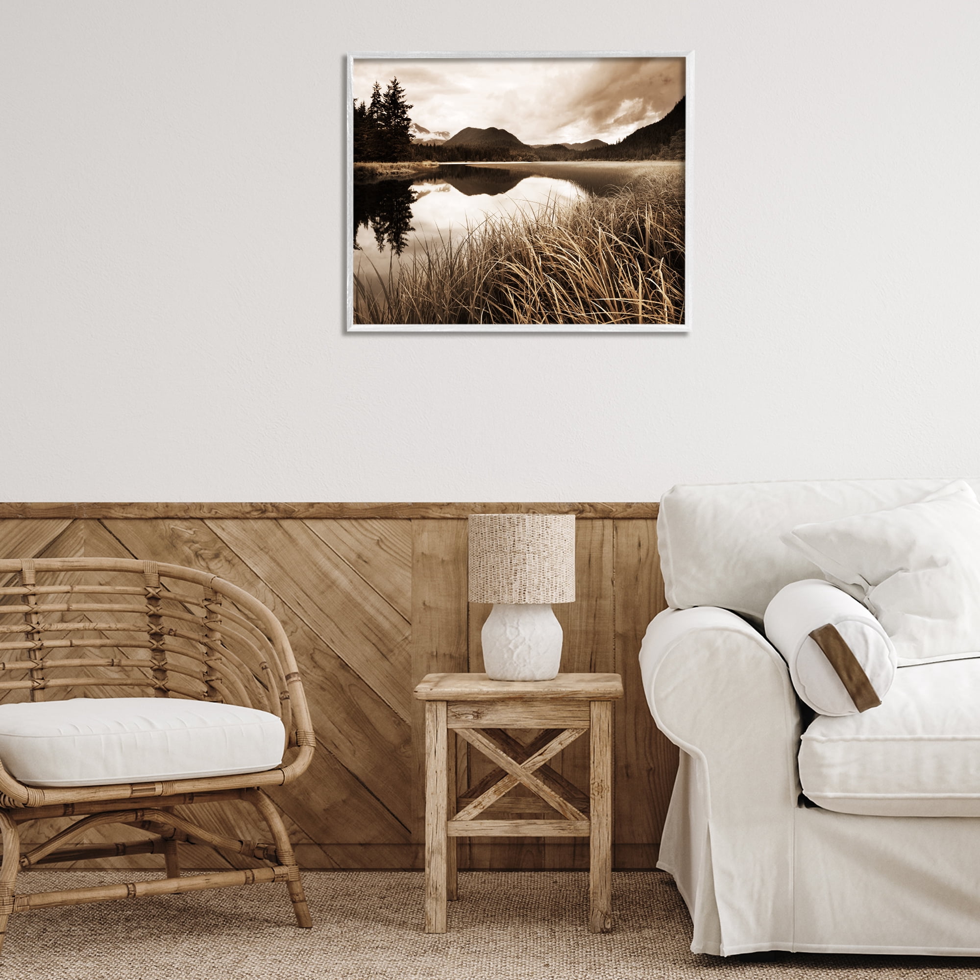 Stupell Industries Sepia Lake Reflection Landscape Photography White Framed Art Print Wall Art, 30 x 24