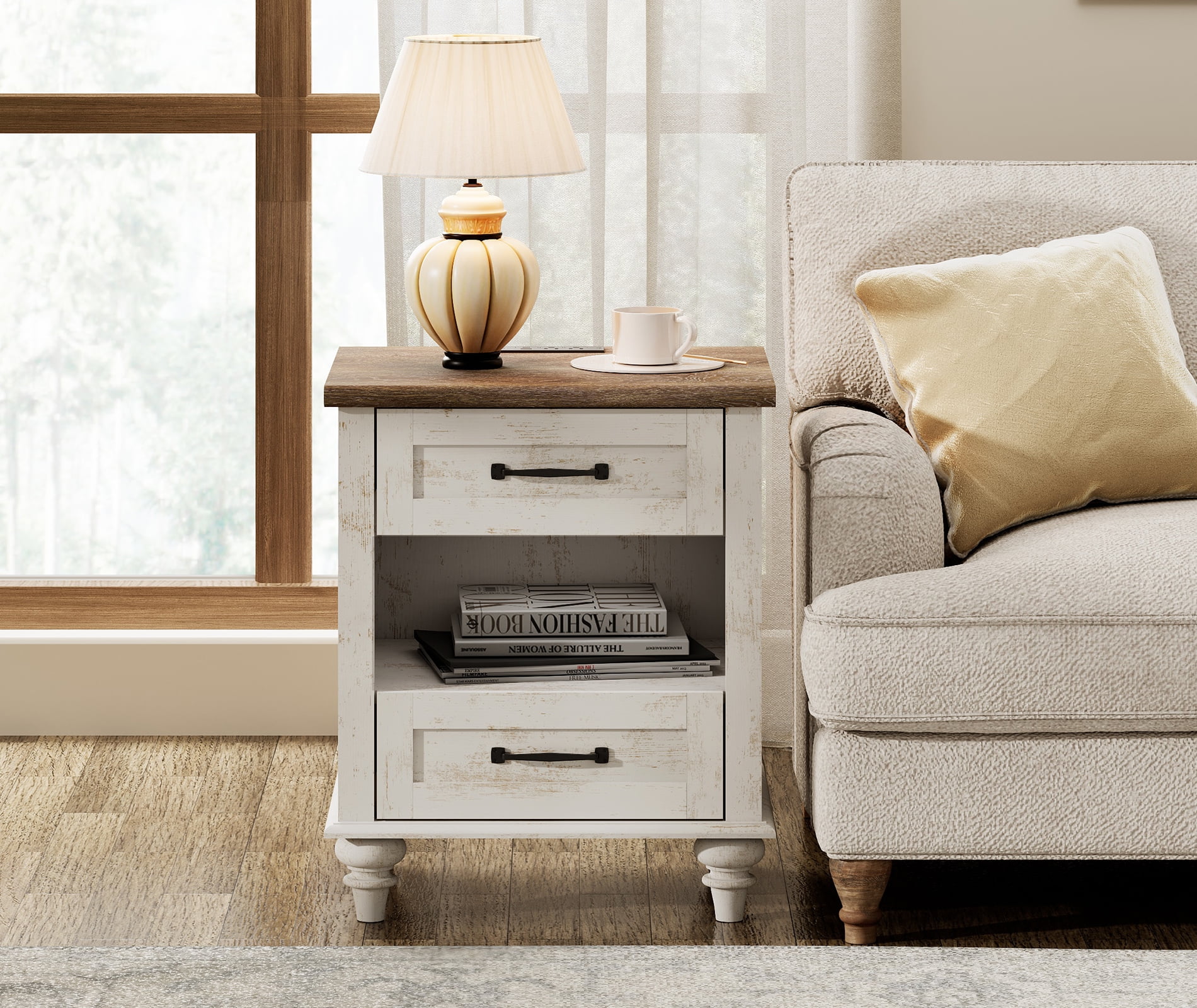 Side Table with 2 Drawers & Open Shelf, Farmhouse End Table with Charging Station, Wooden Nightstand for Bedroom & Living Room, Antique White