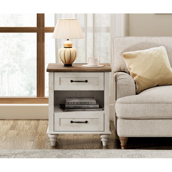 Antique White End Table with 2 Drawers & Open Shelf, Wooden Side Table Nightstand with Charging Station for Living Room & Bedroom