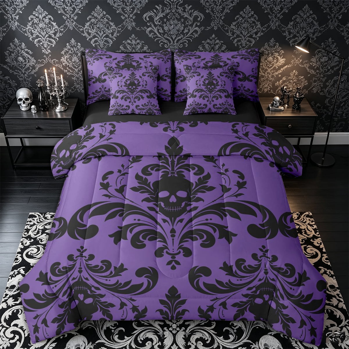 Castle Fairy Dark Damask Skull Full Size Bedding Sets 7 Pieces Vintage Floral Skeleton Full Size Bed in a Bag Violet Black Black Reversible