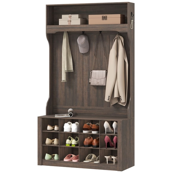 Farmhouse Hall Tree with Bench and 12 Shoe Cubbies, Coat Rack with 6 Hooks and Top Shelf, Entryway Storage Organizer for Mudroom and Living Room, Dark Brown, 39.4"W x 67.8"H