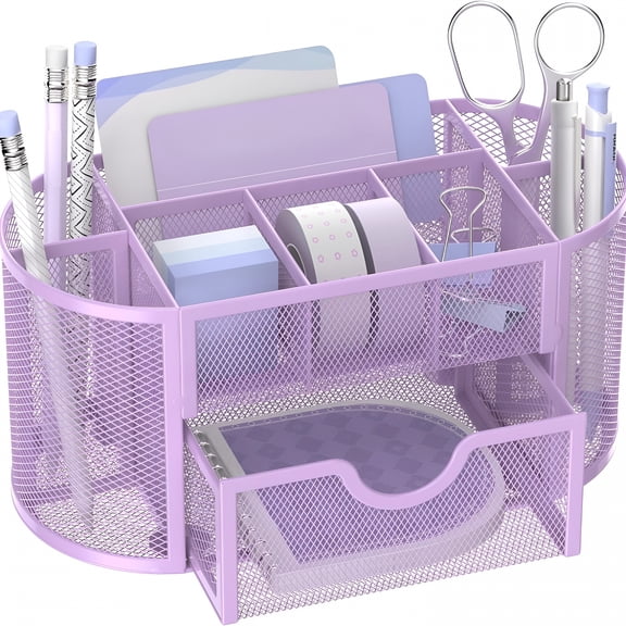 XIBUFE 9 Compartments Metal Desk Organizer with Drawer,Desk Organizers with Compartments,Pen Holder,8.6 X 4.3 X 4.1 Inch