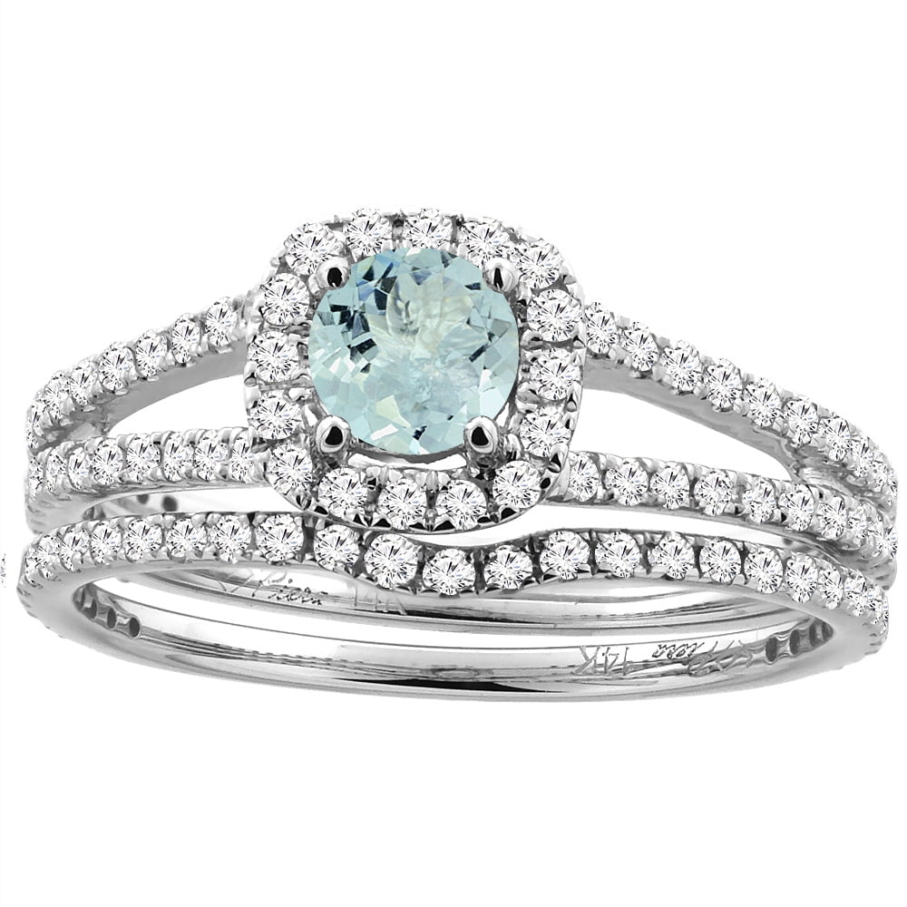 14K White Gold Diamond Halo Natural Aquamarine 2pc Engagement Ring Set Round 5 mm, size 5 by Gabriella Gold