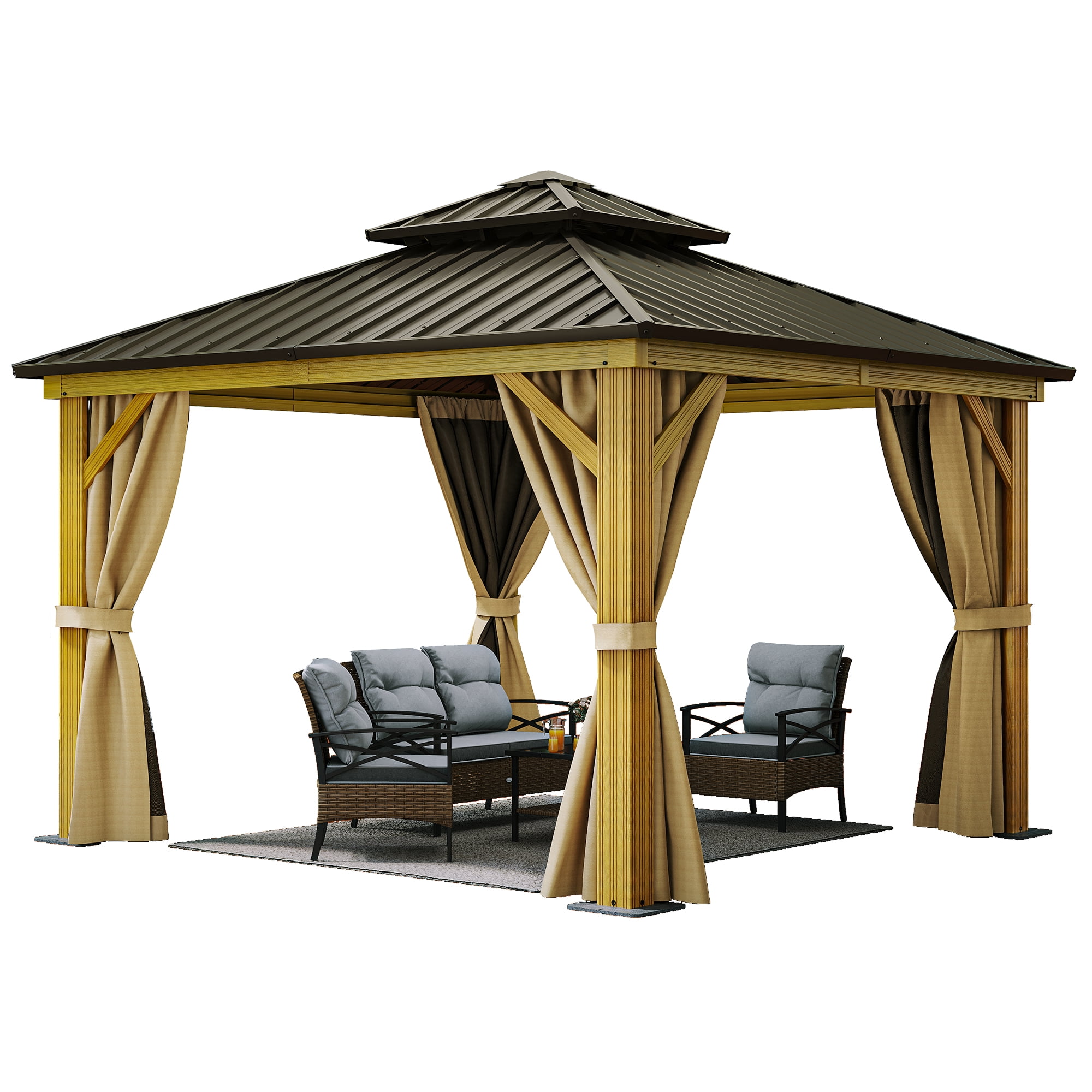 Dextrus 10' x 10' Double Roof Hardtop Gazebo, Wood Grain Galvanized Steel with Netting & Curtains