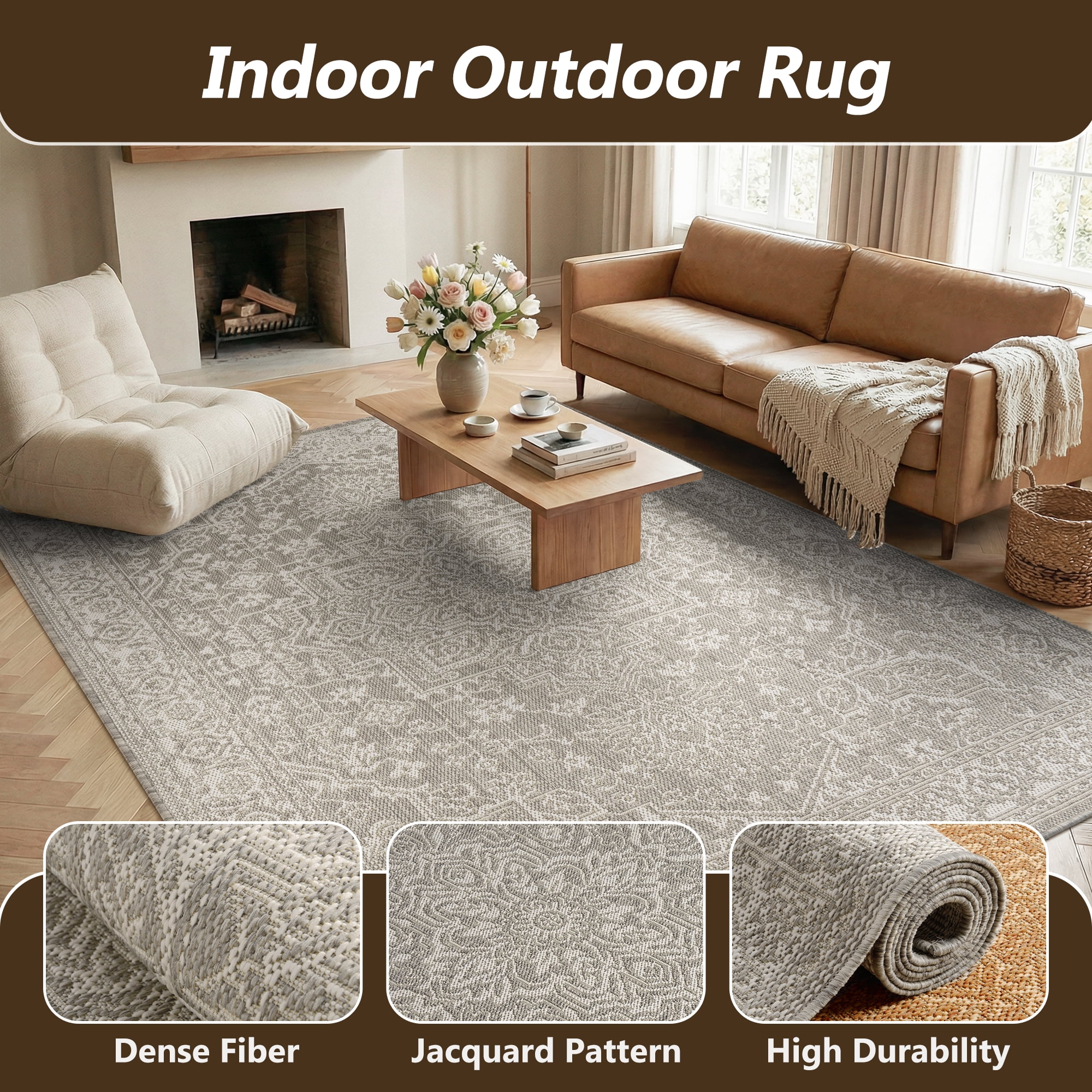 SIXHOME 4'x6' Outdoor Rug, Farmhouse Medallion Patio Rug, Indoor Outdoor Polypropylene Weave Textured Carpet, Water-Resistant, Quick-Dry Rug for Porch, Balcony, RV, Garden, Neutral Gray