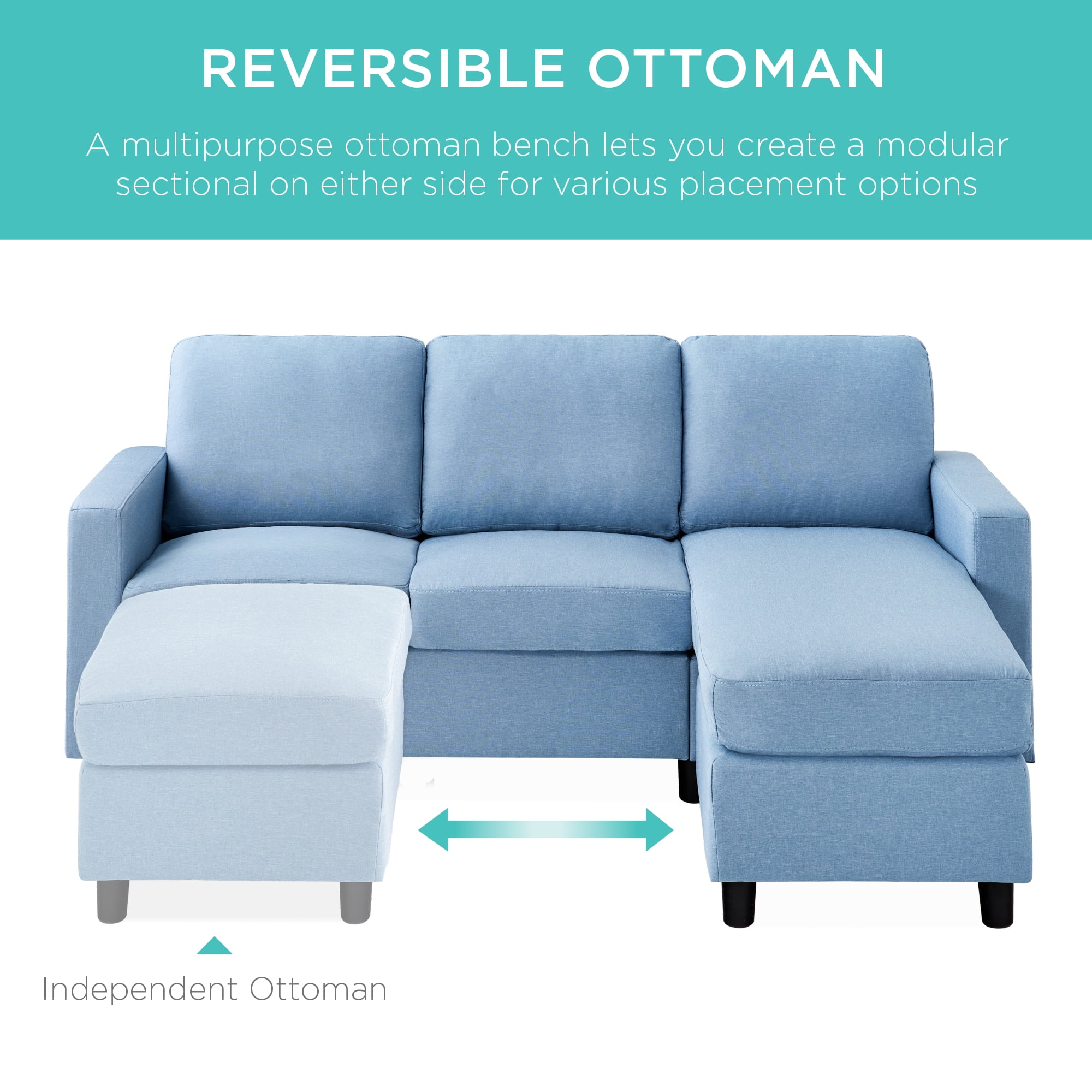 Best Choice Products Linen Sectional Sofa Couch w/ Chaise Lounge, Reversible Ottoman Bench - Light Blue