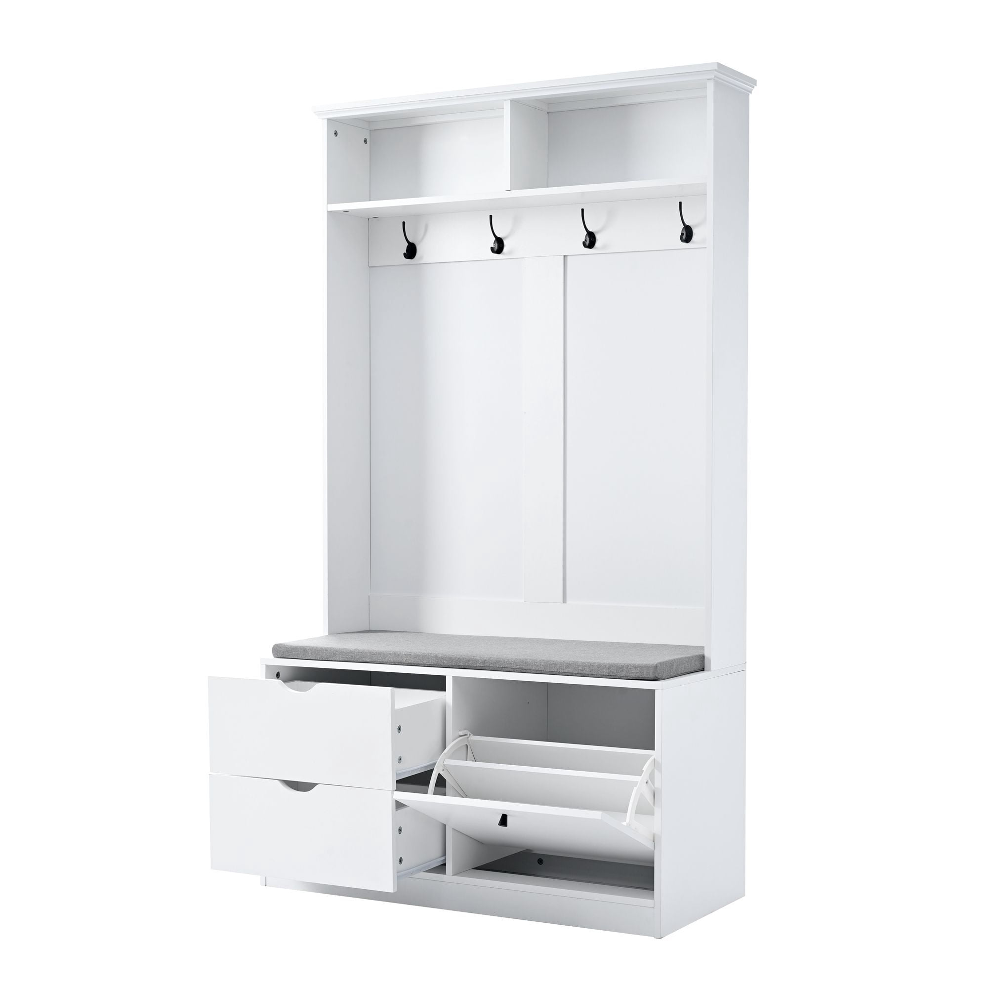 DEALTOPS Modern Hall Tree with Soft Bench, Entryway Coat Racks with Drawers and Shoe Cabinet, White