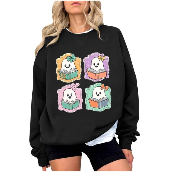 Hvot&aat Halloween Sweatshirts for Women Cute Ghost Reading Books Sweater Spooky Bookish Pullover Halloween Book Reader Tops