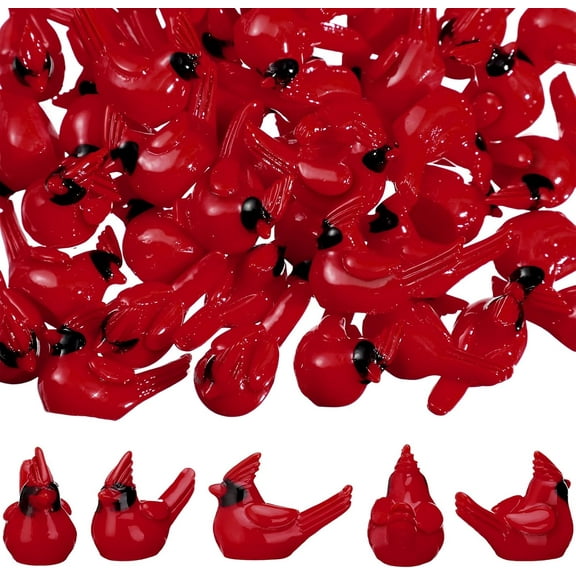 50/100 Pcs Mini Resin Red Cardinal Bird Figurines Tiny Cardinal Figurine Christmas Ornaments for Gift Xmas Miniature Garden Crafts Cake Topper Christmas Decoration