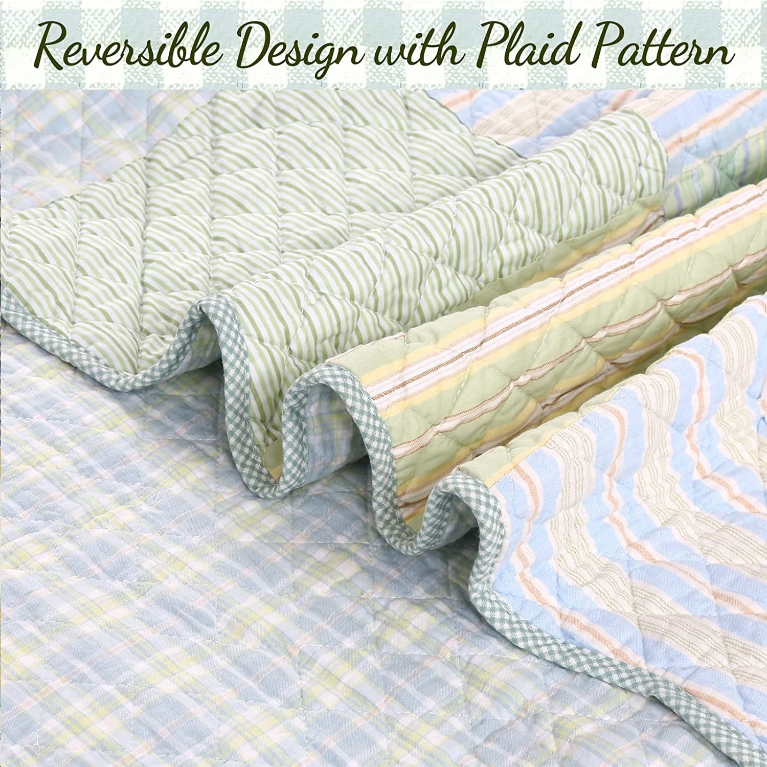 Cozy Line Home Fashions Cozy Line Square Patchwork Plaid Stripes Blue Green Cotton 3-Piece Reversible Quilt Bedding Set King