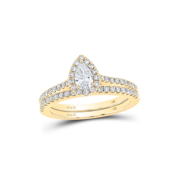 14kt Yellow Gold Pear Diamond Halo Bridal Wedding Ring Band Set 7/8 Cttw