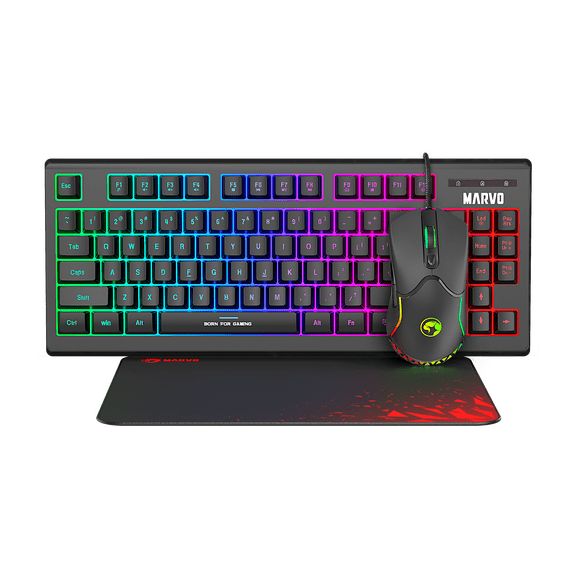 MARVO CM310 Wired 87‑Key 3‑in‑1 Gaming Keyboard Mouse & Mouse Pad Combo, 25‑Key Anti‑Ghosting,13‑Mode RGB Light,1.6M Braided Cable, For PC Gaming, Office, Home