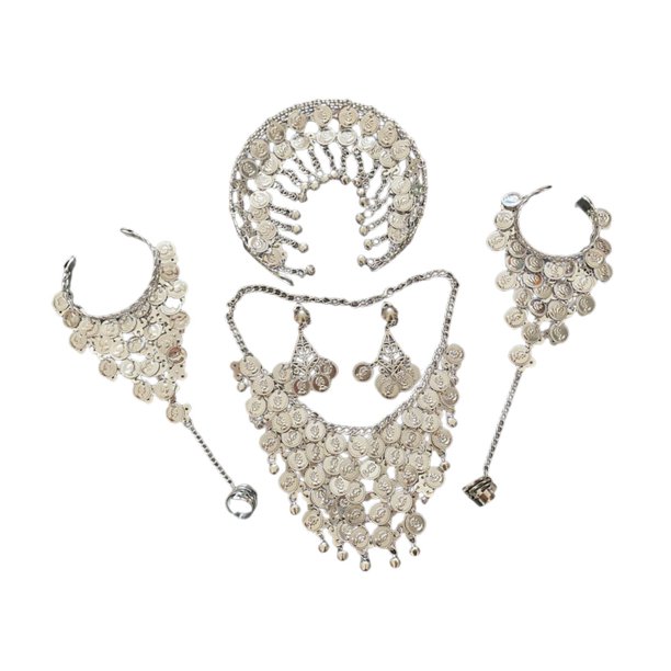 Conjunto de 4 joyas de boda con diseño de danza del vientre gitana, horquilla, collar y pendientes. Pendientes de clip