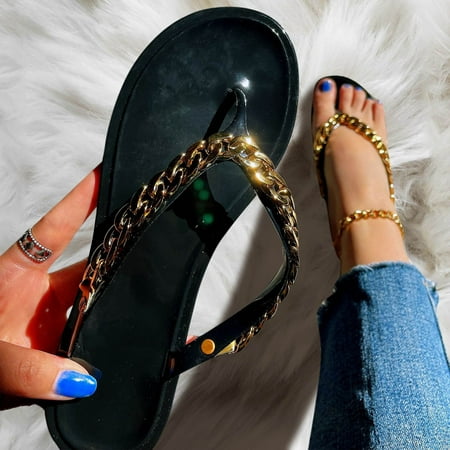 

Fashion Spring And Summer Women Slippers Flip Flops Chain Shiny Beach Flats Black 8