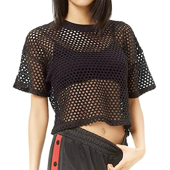 Rigardu womens shirts workout shirts women t shirts for women funny tshirts Womens Mesh Cover Up See Through Fishnet T Shirt Crop Top Black+XL