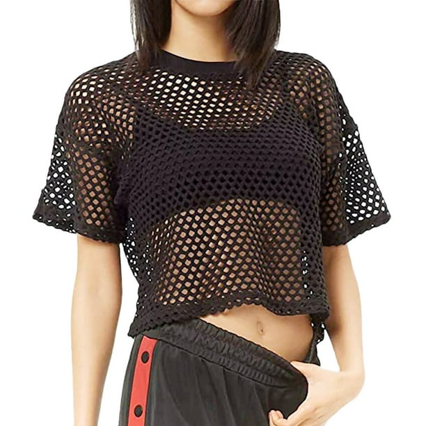 Top corto de malla transparente para mujer: diseño sexy con aberturas, opciones de manga corta/larga, ropa informal de verano con hombros caídos.