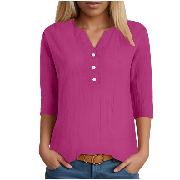 vigerkar Women's Casual 3/4 Sleeve T Shirts Button V Neck Basic Tee Tops Loose Fit Summer Shirt Beach Vacation Outfits Hot Pink, L