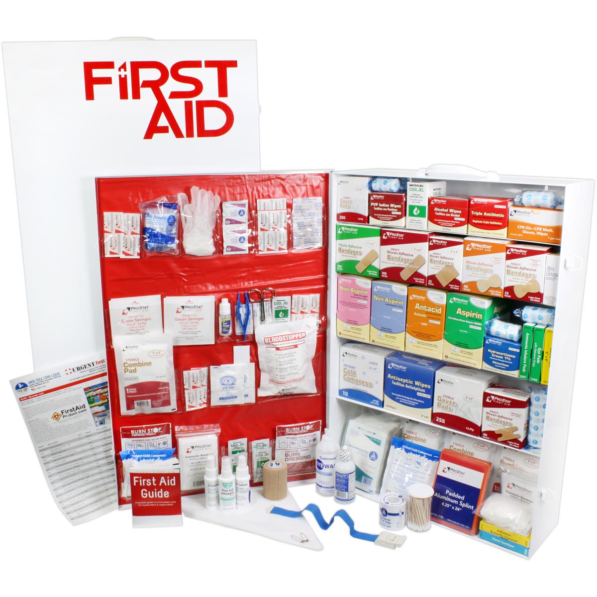 OSHA & ANSI 5 Shelf Industrial First Aid Cabinet with Pocket Liner, 200 Person, 1887 Pieces, 2015 Class B+, Types I & II, Made in USA by Urgent First Aid™ with extra content & NEW ANSI First Aid Guide