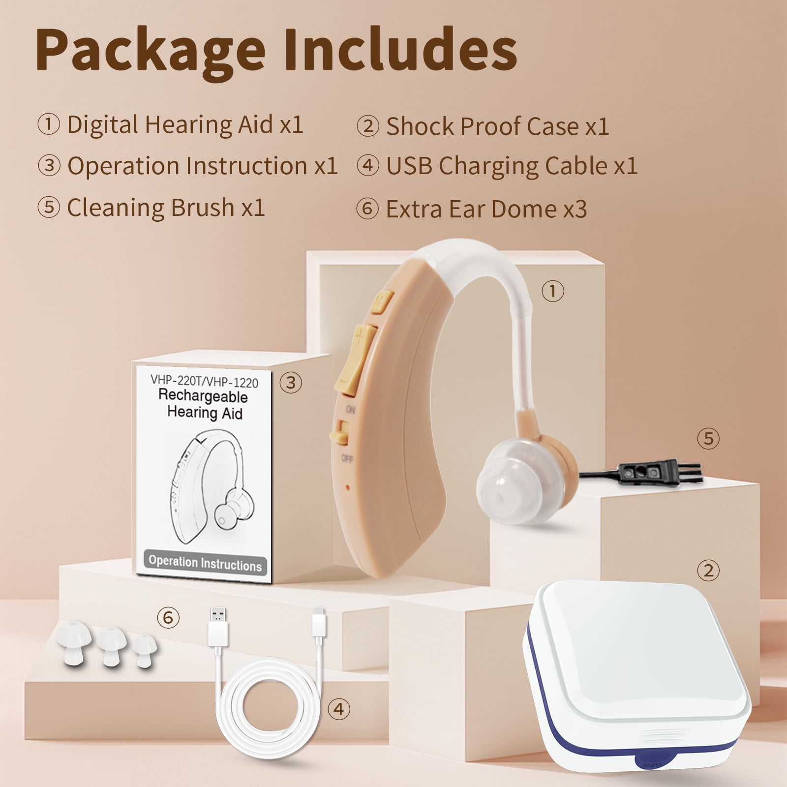 Delmicure Hearing Aid for Seniors, Rechargeable Hearing Aid for Adults, Single, Beige, VHP-1220