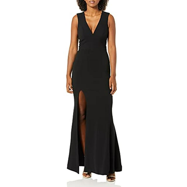 Robe de Soirée pour Femmes Sandra Plongeante à Bretelles Épaisses Robe Unie avec Fente, Noir, m