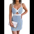 thumbnail image 1 of Vestido Mini Ajustado Informal de Punto con Tirantes, Cintura Alta y Rayas Contrastantes para Mujer. Azul S, 1 of 10