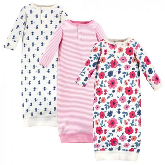 Touched by Nature Baby Girl Organic Cotton Henley Long-Sleeve Gowns 3pk, Garden Floral, Preemie