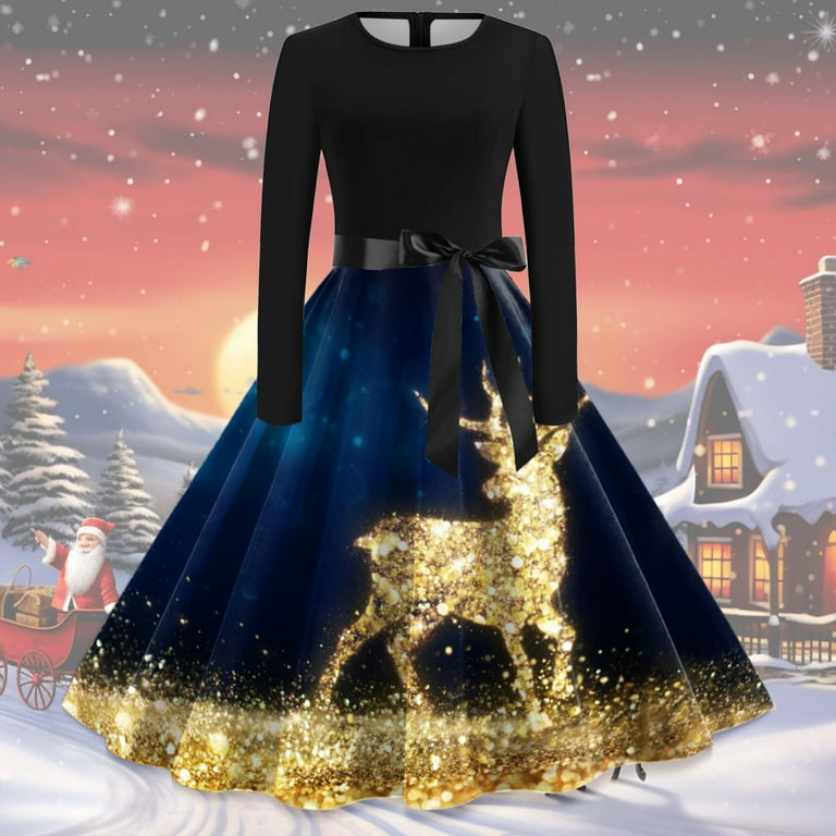 Vintage Christmas Dresses for Women Long Sleeve O Neck Christmas 1950s Evening Party Prom Party Beach Dress