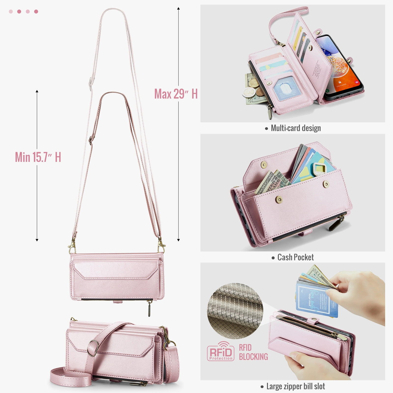 Asuwish Compatible with Samsung Galaxy A14/M14 5G Zipper Wallet Phone Case Tempered Glass Screen Protector Crossbody Lanyard Strap Flip Card Holder Slot Cell Cover for A 14 4G 14A 14M Women Rose Gold