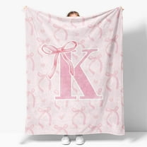 Coquette Pink Bow Throw Blanket, Personalized Initial Alphabet Fluffy Cozy Flannel Blanket, Monogrammed Gifts for Women, Unique Customized Blanket for Her Girls Christmas Birthday