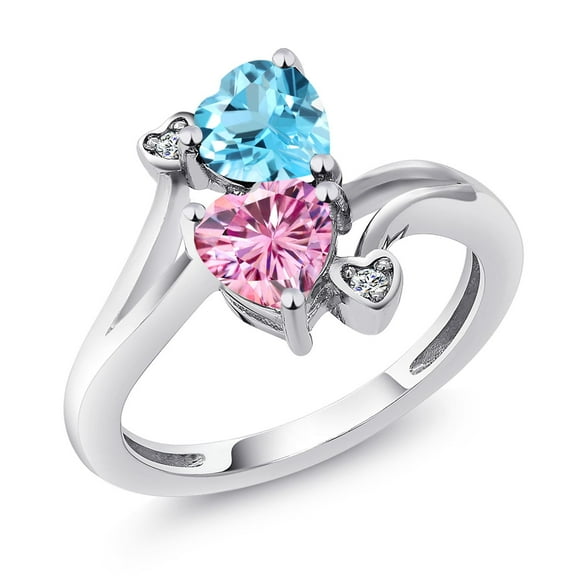 Gem Stone King 925 Sterling Silver Swiss Blue Topaz Pink Moissanite and White Moissanite Ring for Women (1.78 Cttw, Heart Shape 6MM, Gemstone November Birthstone, Size 6)