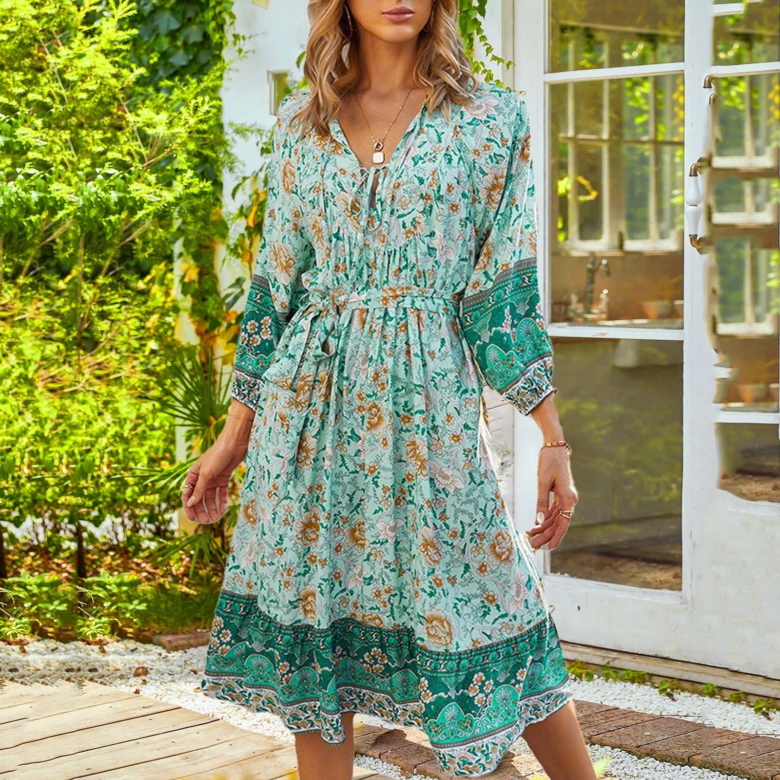 HSMQHJWE Boho Outfits For Women Womens Skate Dress Fashion Beach Dress  Rhombic Style Temperamental Women Loose Floral Casual Women'S Dress Women'S