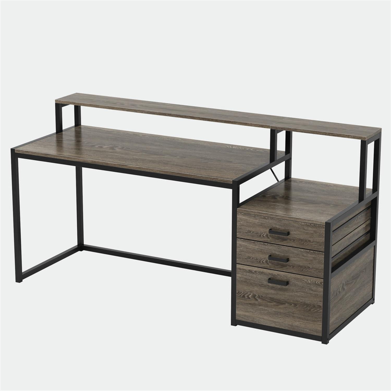 Demi Bonn Modern L Shaped Gaming Desk, 63" Ergonomic Office Corner Executive Desk with Drawers and Monitor Stand for Home Office, Gray