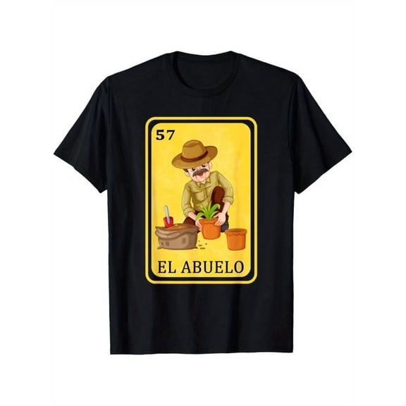 Summer t Shirts Men's Spanish-Mexican Style Funny Graphic T-Shirt, 100% Cotton, Black Crew Neck with "El Abuelo" Print