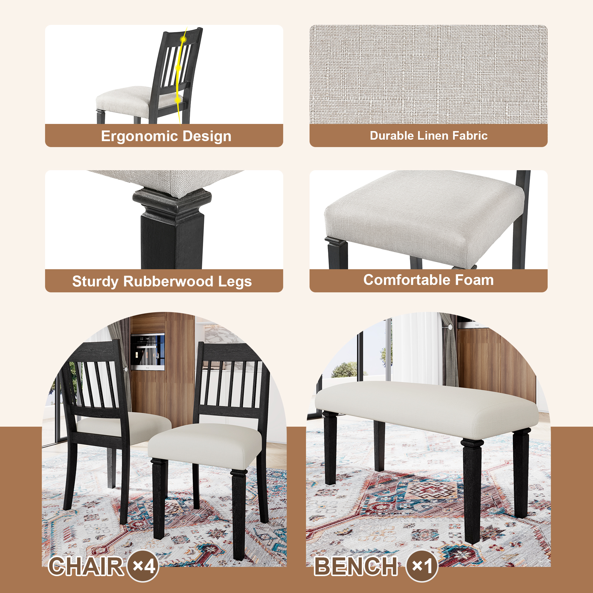 Euroco 6 Pieces Wood Dining Table Set with Bench,Retro Rectangular Table with 4 Upholstered Chairs & 1 Bench for Kitchen & Dining Room,Grey