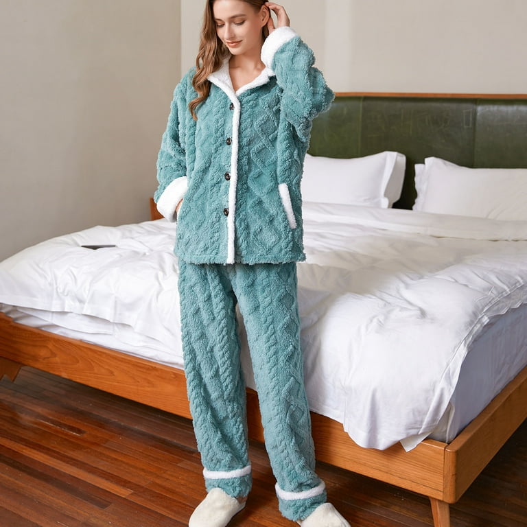 RQYYD Reduced Women's Winter Fluffy Pajamas Set Fleece Button Down