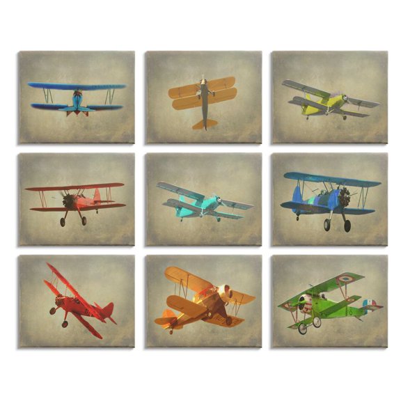 Stupell Industries Colorful Planes At Flight Distressed Vintage Aircraft Canvas Wall Art Design by Ashley Calhoun, 9 Piece, 11" x 14"