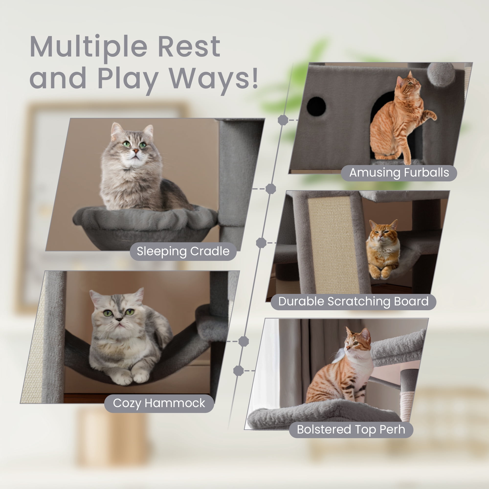 Merrland 65.7 " Large Cat Tree Tower and Condo for Cats with Hammock & Scratching Posts, Grey