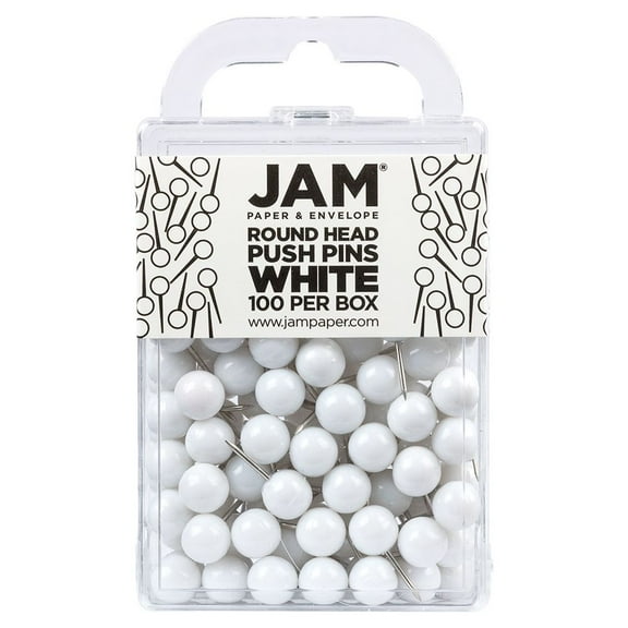 JAM Paper Colorful Push Pins, Round Head Map Thumb Tacks, White, 100 per Pack
