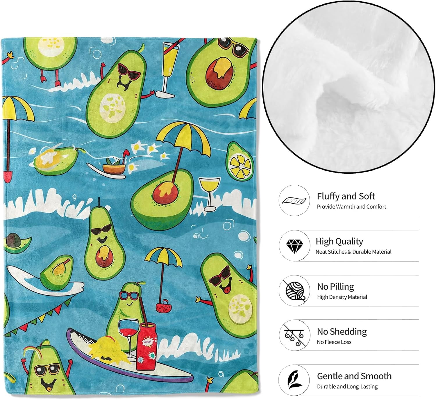 Cute Avocado Blue Throw Blanket 60x80in, Soft Lightweight Flannel, Summer Cartoon Beach Surfboard Umbrella Drink Blankets - Gifts for Adult, for Couch Office Travel Home Living Room Party Decor
